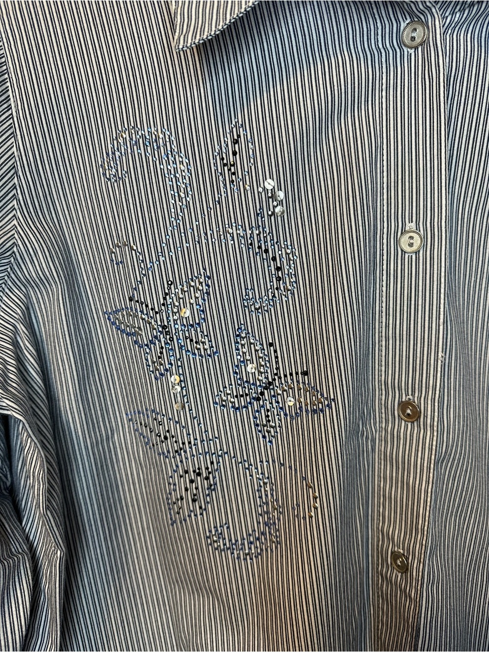 Alfred Dunner Navy & White Striped Embellished Button-Up Shirt - Picture 4 of 10